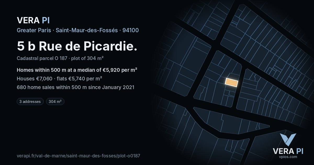5 b Rue de Picardie, Saint-Maur-des-Fossés at night – the plot lit, the parcels around coloured by the prices near them
