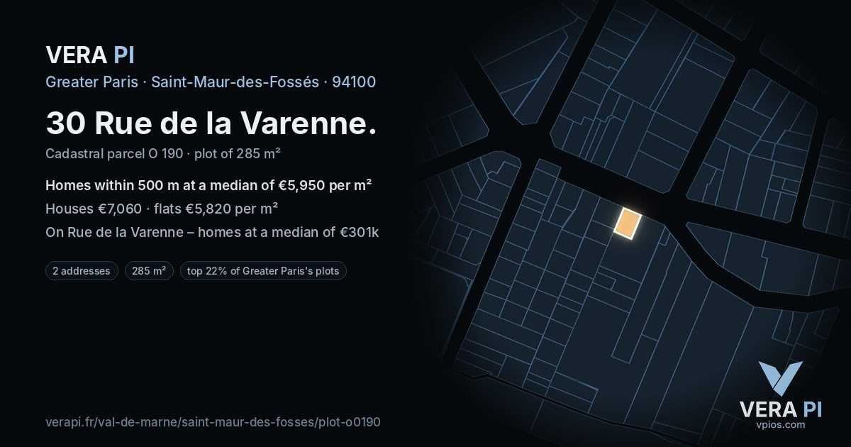 30 Rue de la Varenne, Saint-Maur-des-Fossés at night – the plot lit, the parcels around coloured by the prices near them