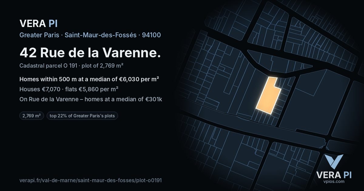 42 Rue de la Varenne, Saint-Maur-des-Fossés at night – the plot lit, the parcels around coloured by the prices near them