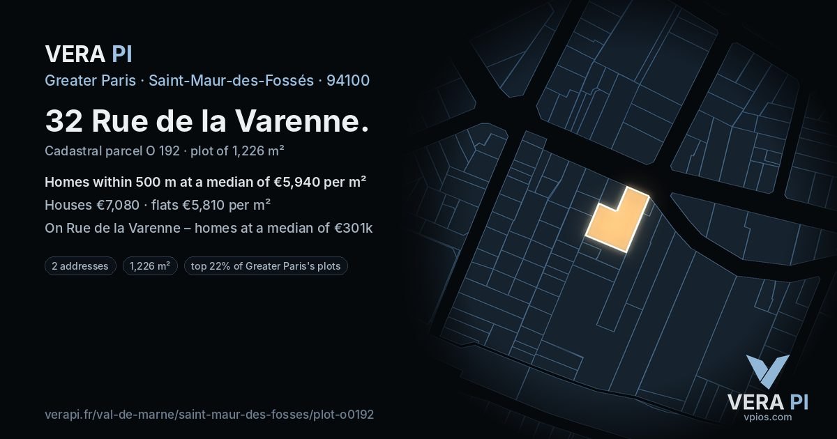 32 Rue de la Varenne, Saint-Maur-des-Fossés at night – the plot lit, the parcels around coloured by the prices near them