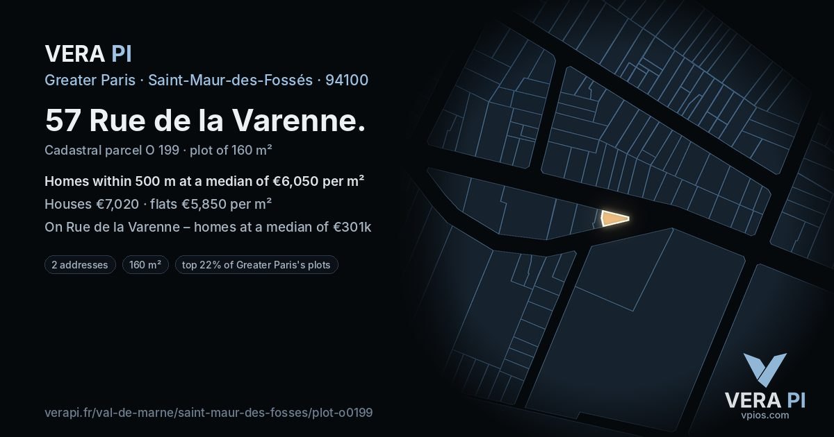 57 Rue de la Varenne, Saint-Maur-des-Fossés at night – the plot lit, the parcels around coloured by the prices near them