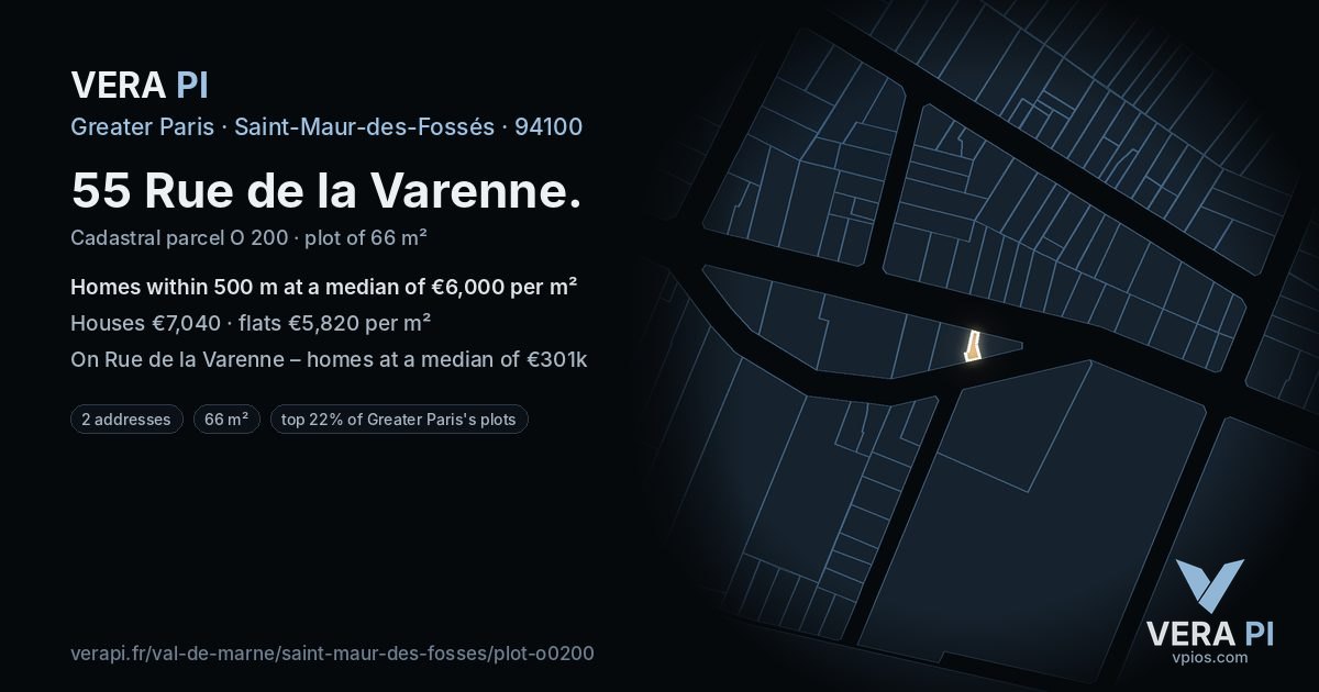 55 Rue de la Varenne, Saint-Maur-des-Fossés at night – the plot lit, the parcels around coloured by the prices near them