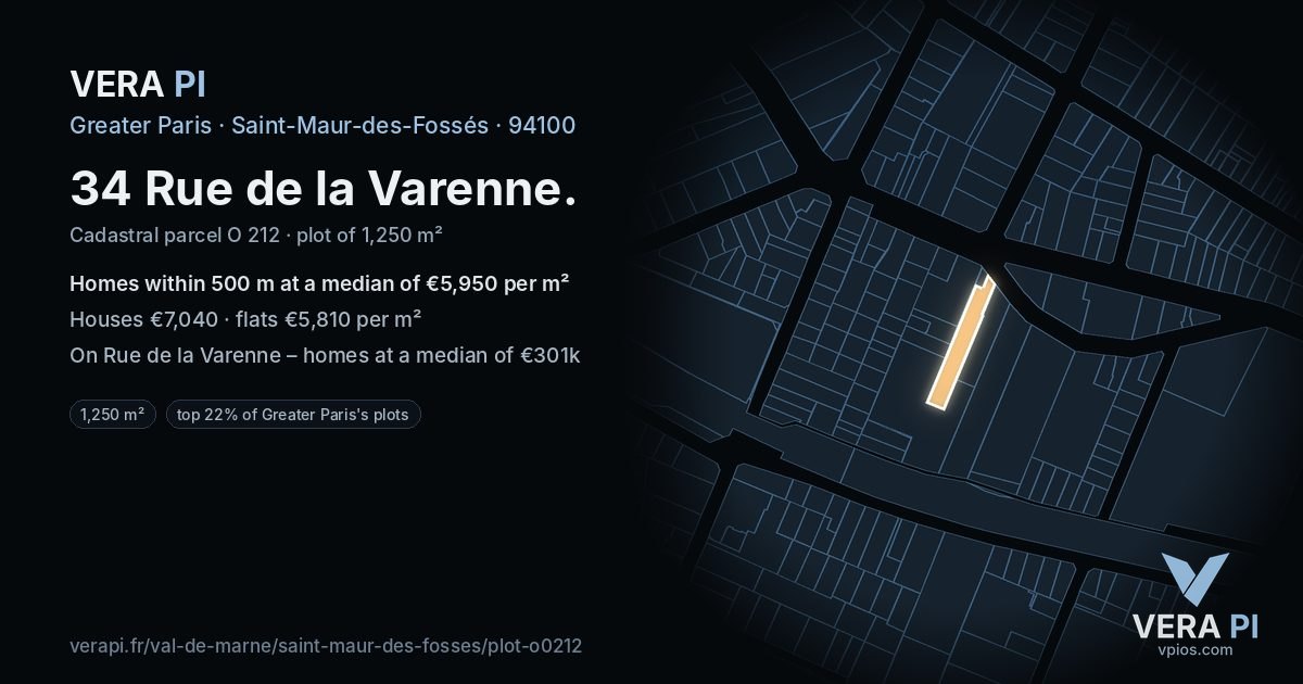 34 Rue de la Varenne, Saint-Maur-des-Fossés at night – the plot lit, the parcels around coloured by the prices near them