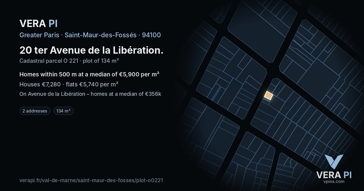 20 ter Avenue de la Libération, Saint-Maur-des-Fossés at night – the plot lit, the parcels around coloured by the prices near them