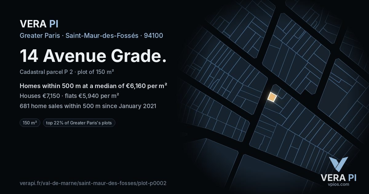 14 Avenue Grade, Saint-Maur-des-Fossés at night – the plot lit, the parcels around coloured by the prices near them