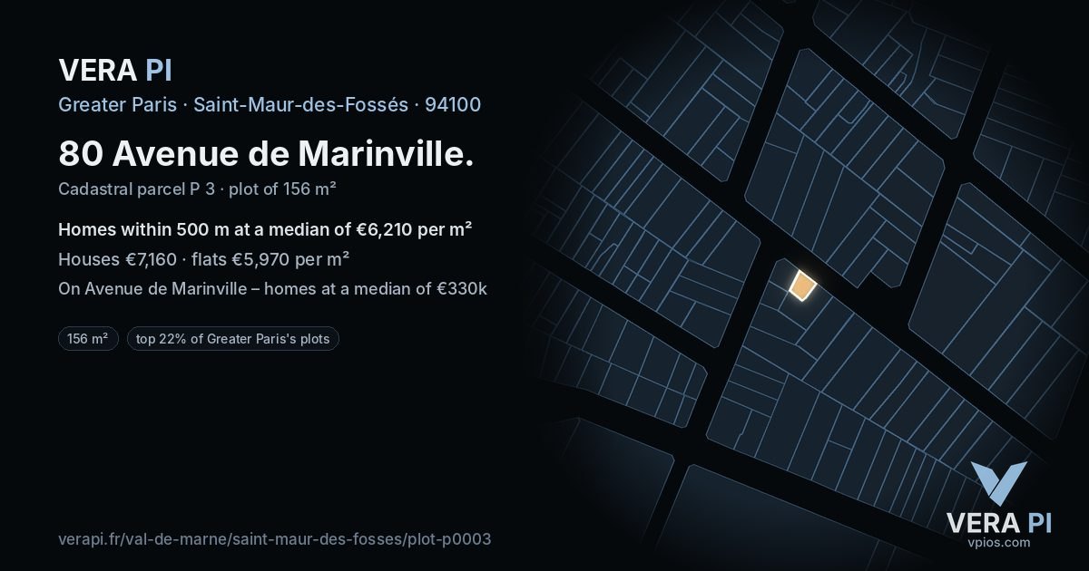 80 Avenue de Marinville, Saint-Maur-des-Fossés at night – the plot lit, the parcels around coloured by the prices near them