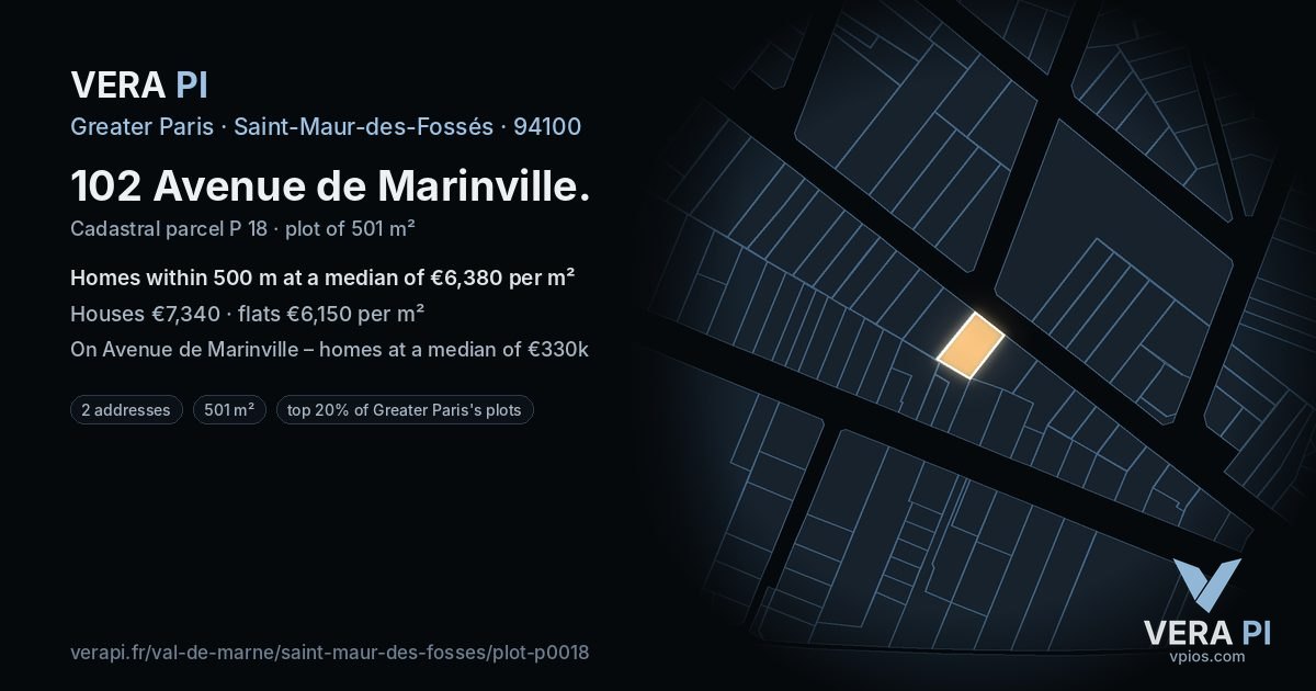 102 Avenue de Marinville, Saint-Maur-des-Fossés at night – the plot lit, the parcels around coloured by the prices near them