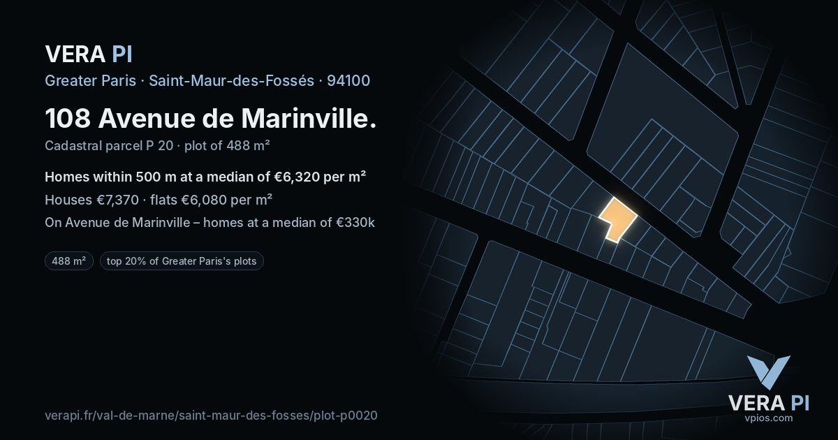 108 Avenue de Marinville, Saint-Maur-des-Fossés at night – the plot lit, the parcels around coloured by the prices near them