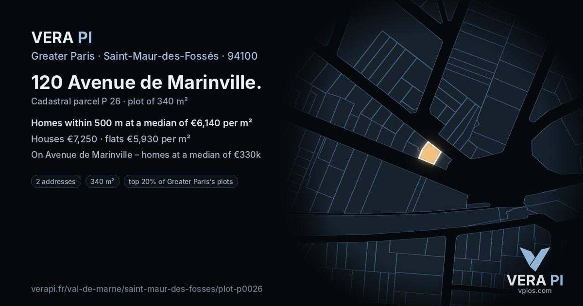 120 Avenue de Marinville, Saint-Maur-des-Fossés at night – the plot lit, the parcels around coloured by the prices near them