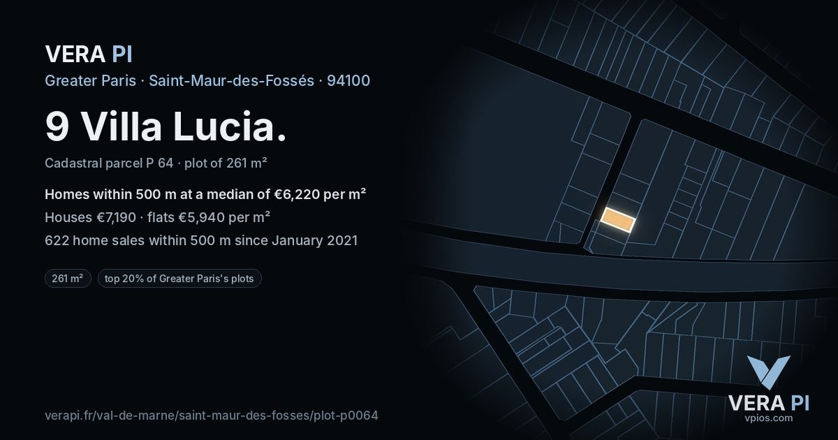 9 Villa Lucia, Saint-Maur-des-Fossés at night – the plot lit, the parcels around coloured by the prices near them
