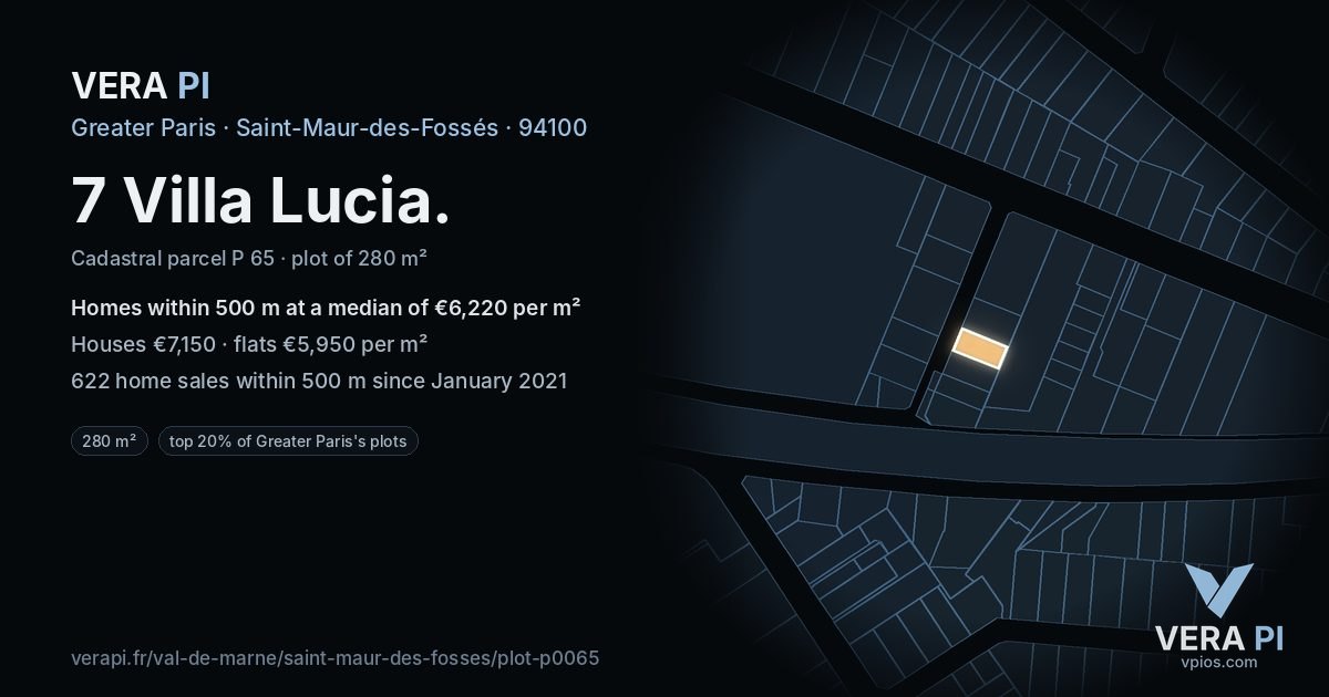 7 Villa Lucia, Saint-Maur-des-Fossés at night – the plot lit, the parcels around coloured by the prices near them