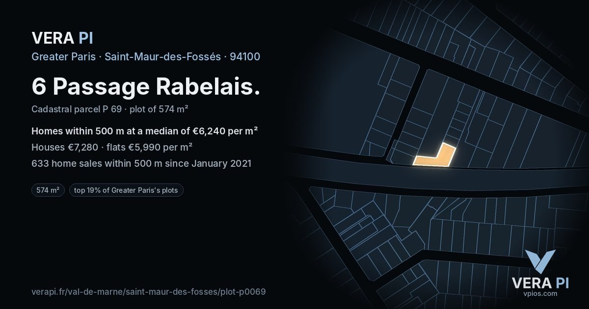 6 Passage Rabelais, Saint-Maur-des-Fossés at night – the plot lit, the parcels around coloured by the prices near them