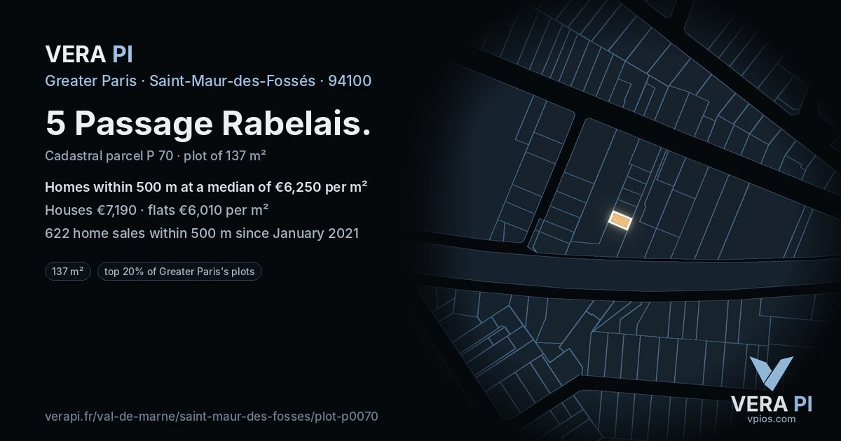 5 Passage Rabelais, Saint-Maur-des-Fossés at night – the plot lit, the parcels around coloured by the prices near them