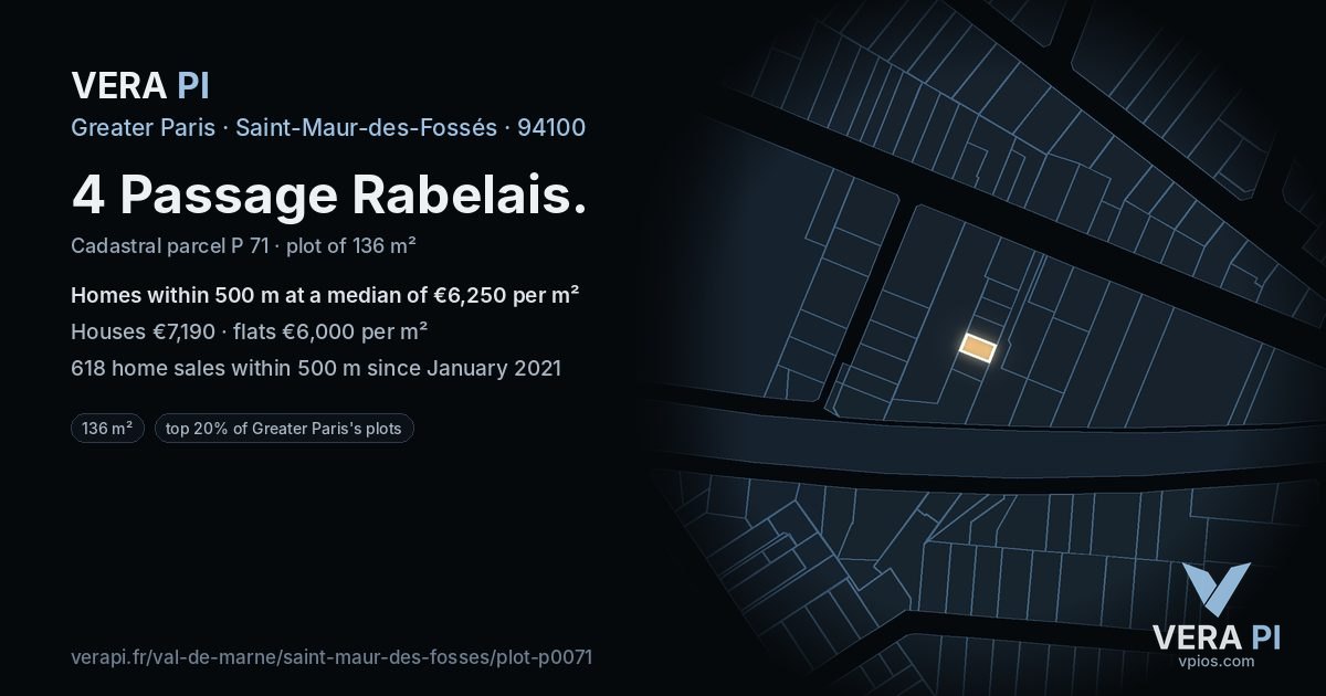 4 Passage Rabelais, Saint-Maur-des-Fossés at night – the plot lit, the parcels around coloured by the prices near them