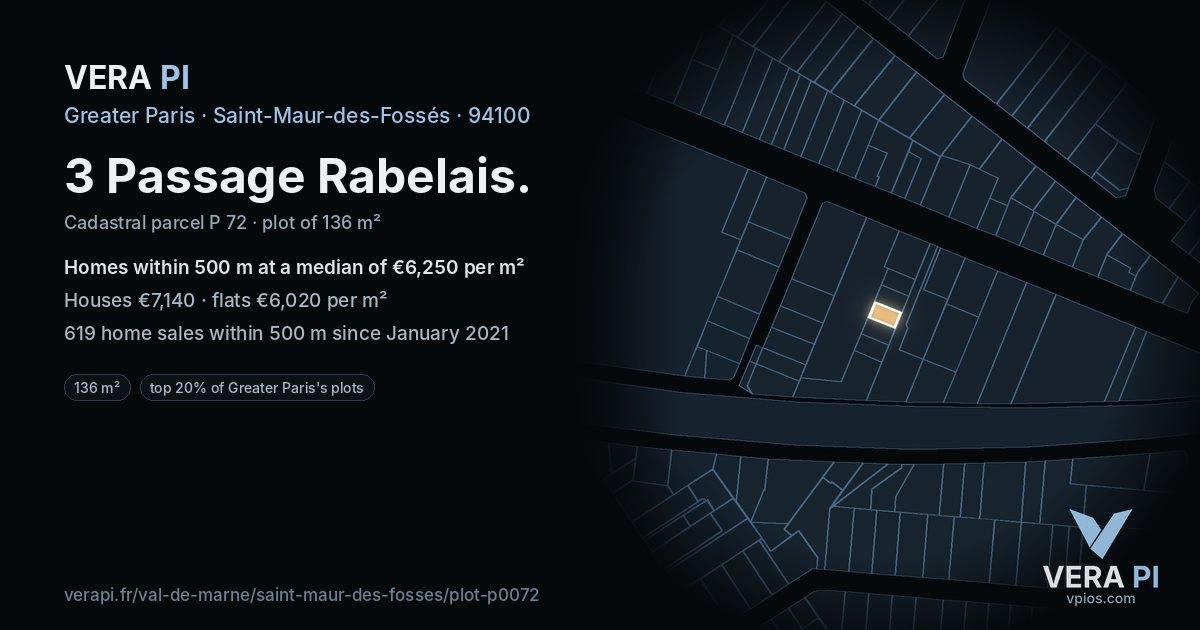 3 Passage Rabelais, Saint-Maur-des-Fossés at night – the plot lit, the parcels around coloured by the prices near them