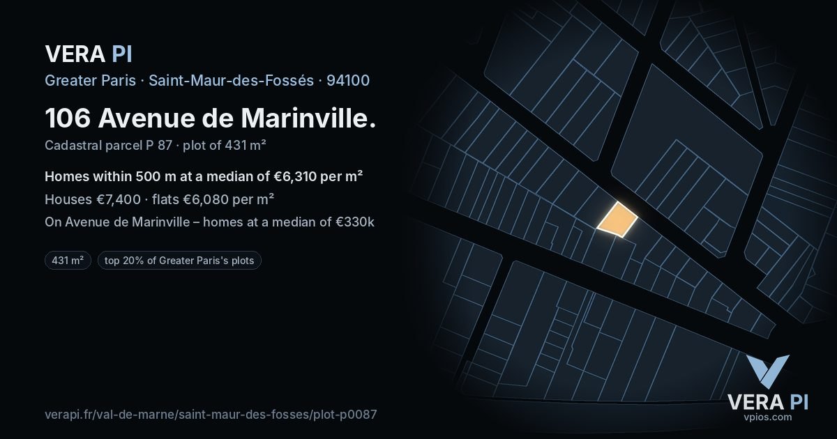 106 Avenue de Marinville, Saint-Maur-des-Fossés at night – the plot lit, the parcels around coloured by the prices near them