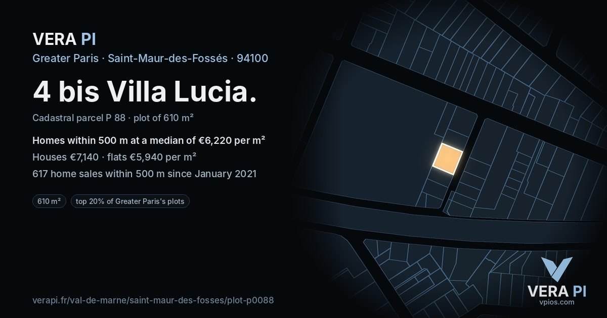 4 bis Villa Lucia, Saint-Maur-des-Fossés at night – the plot lit, the parcels around coloured by the prices near them