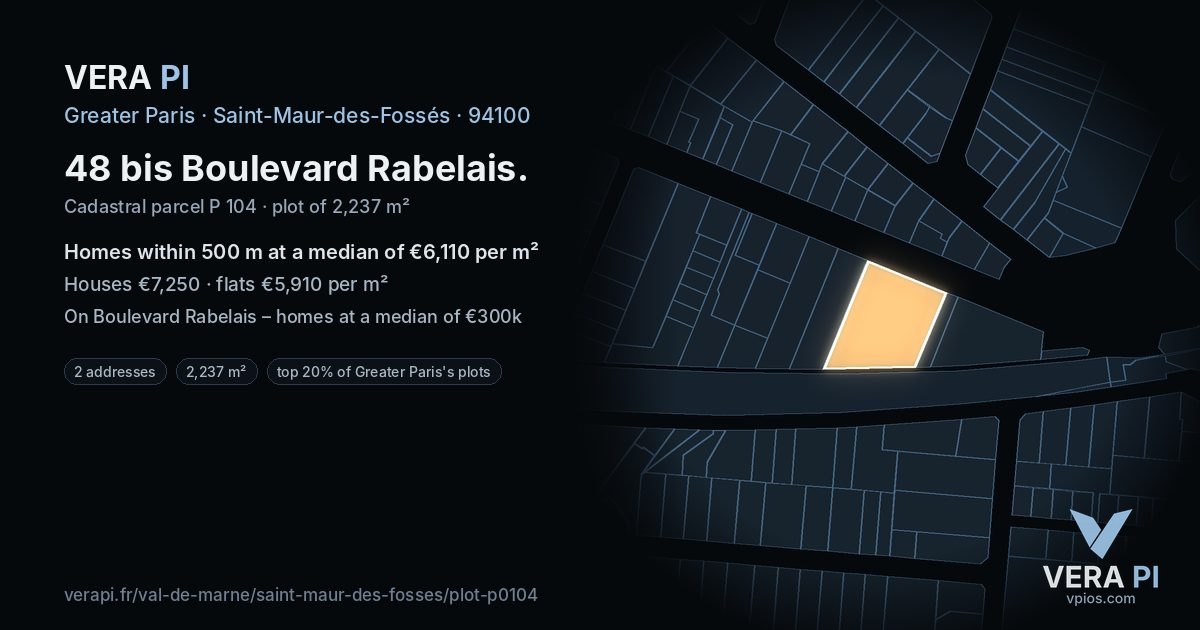48 bis Boulevard Rabelais, Saint-Maur-des-Fossés at night – the plot lit, the parcels around coloured by the prices near them
