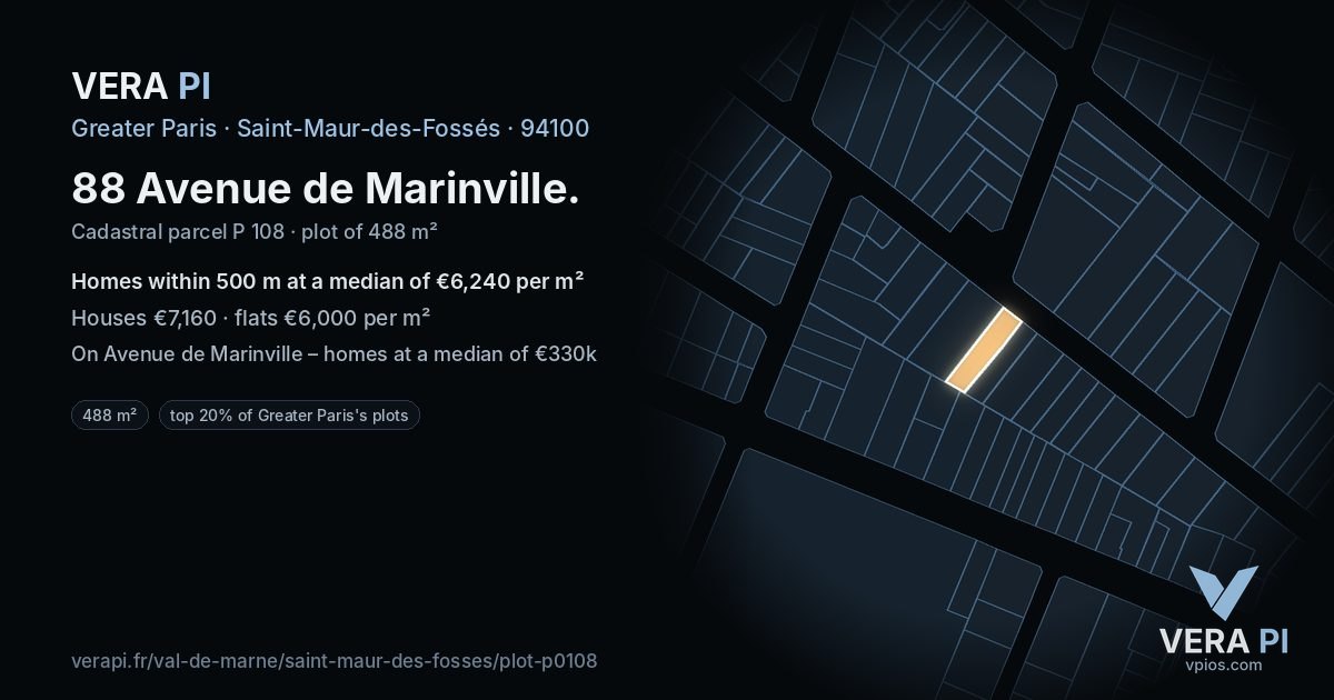 88 Avenue de Marinville, Saint-Maur-des-Fossés at night – the plot lit, the parcels around coloured by the prices near them
