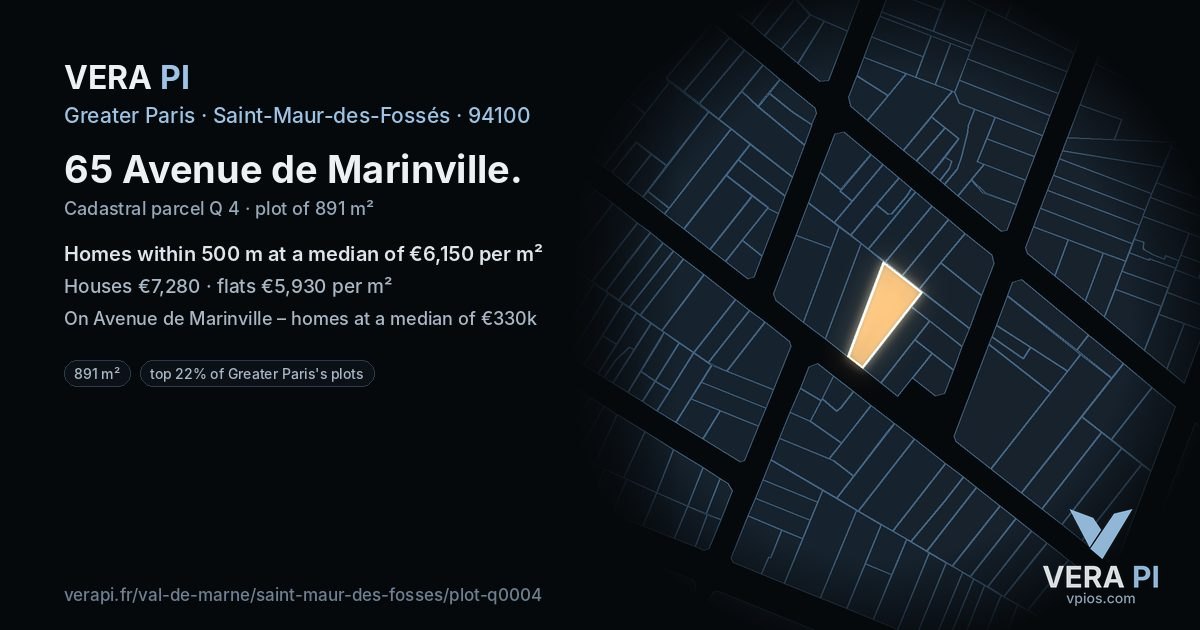 65 Avenue de Marinville, Saint-Maur-des-Fossés at night – the plot lit, the parcels around coloured by the prices near them