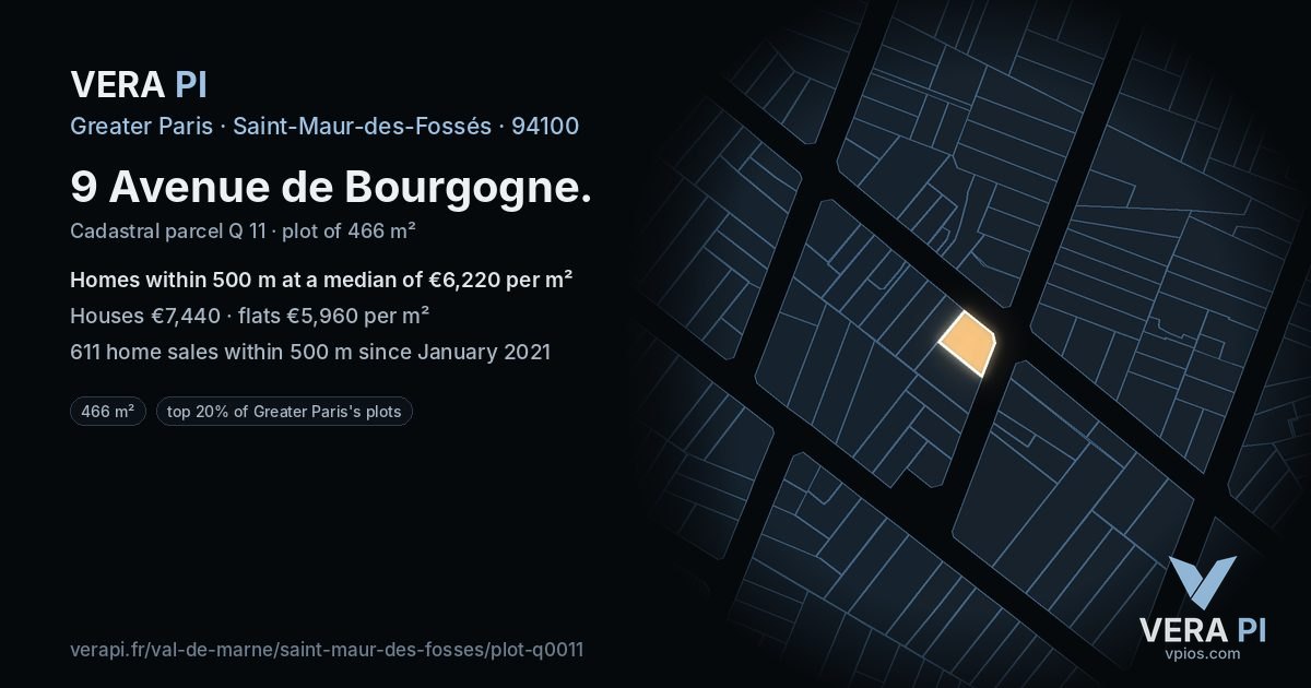 9 Avenue de Bourgogne, Saint-Maur-des-Fossés at night – the plot lit, the parcels around coloured by the prices near them