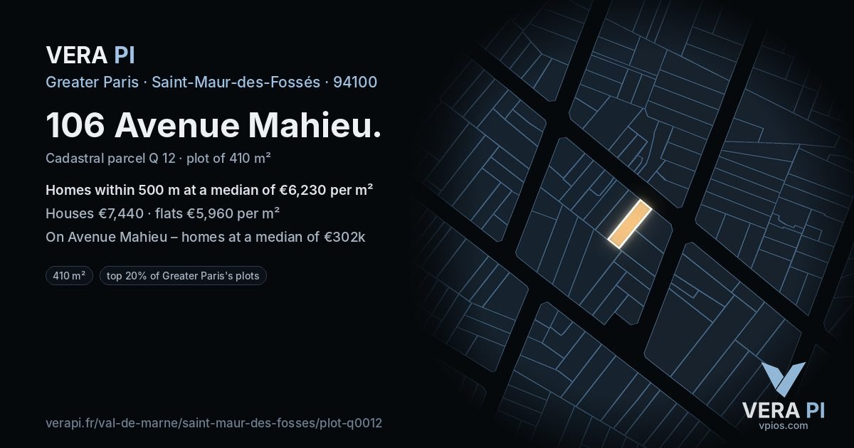 106 Avenue Mahieu, Saint-Maur-des-Fossés at night – the plot lit, the parcels around coloured by the prices near them