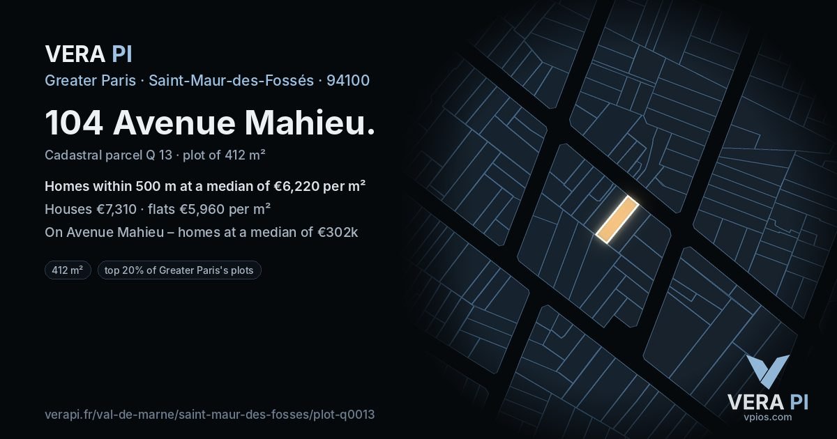 104 Avenue Mahieu, Saint-Maur-des-Fossés at night – the plot lit, the parcels around coloured by the prices near them