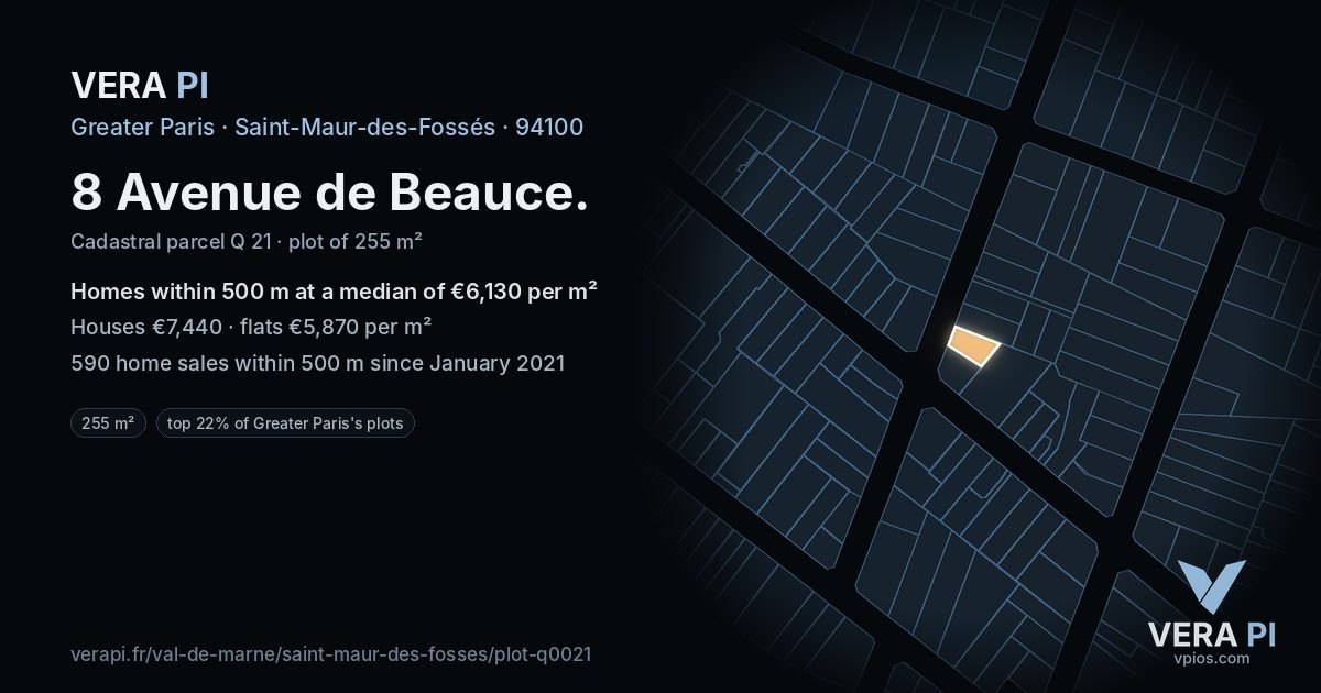 8 Avenue de Beauce, Saint-Maur-des-Fossés at night – the plot lit, the parcels around coloured by the prices near them