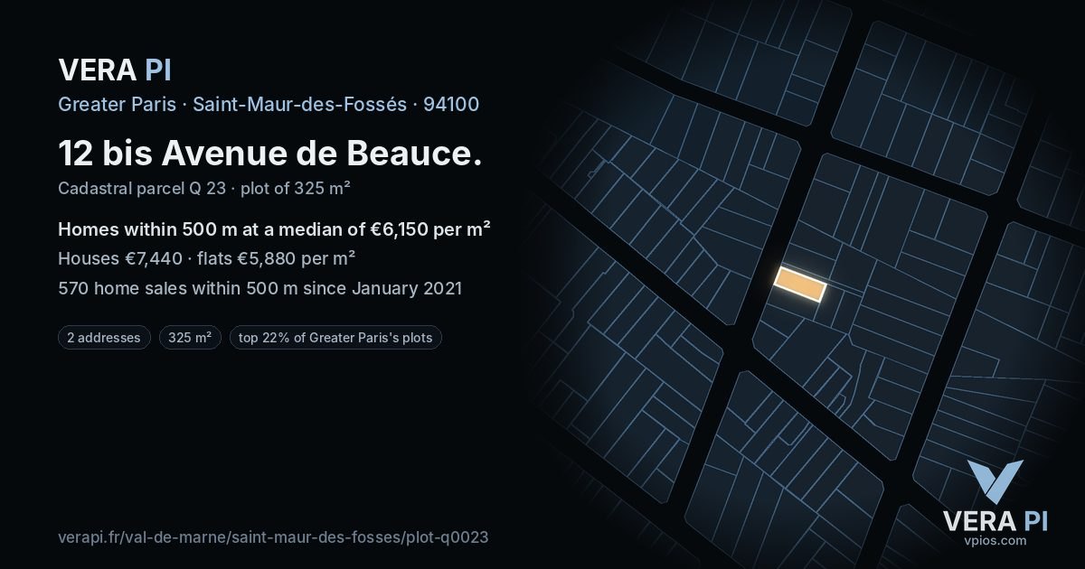 12 bis Avenue de Beauce, Saint-Maur-des-Fossés at night – the plot lit, the parcels around coloured by the prices near them