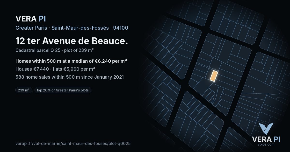 12 ter Avenue de Beauce, Saint-Maur-des-Fossés at night – the plot lit, the parcels around coloured by the prices near them
