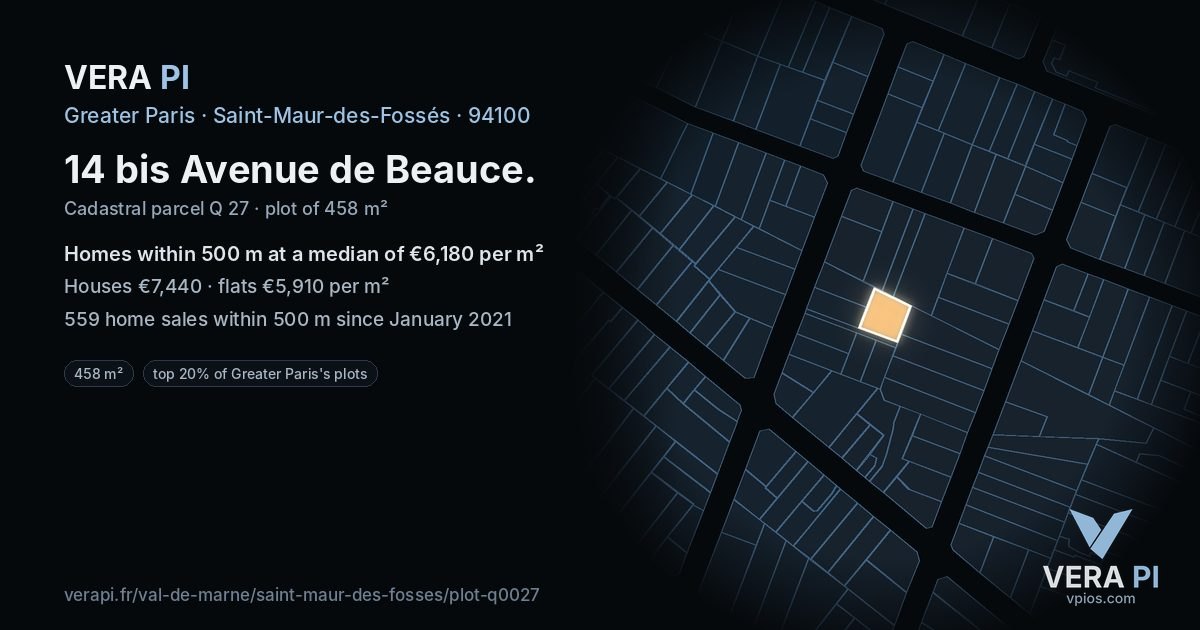14 bis Avenue de Beauce, Saint-Maur-des-Fossés at night – the plot lit, the parcels around coloured by the prices near them