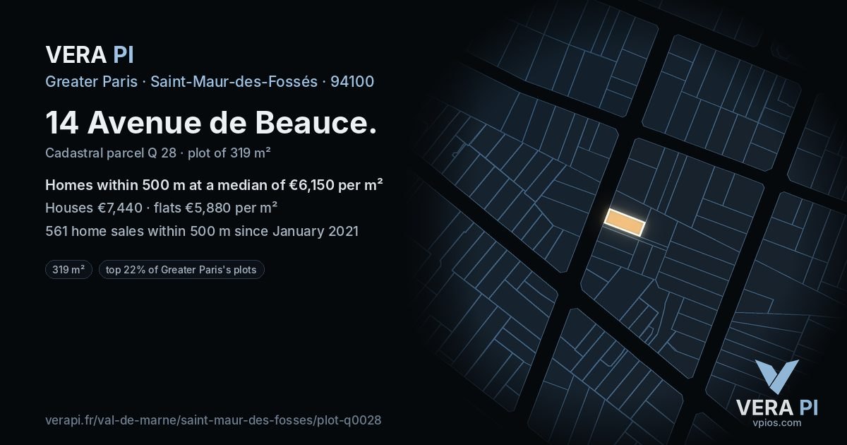 14 Avenue de Beauce, Saint-Maur-des-Fossés at night – the plot lit, the parcels around coloured by the prices near them