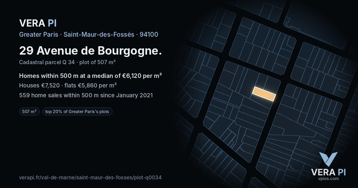 29 Avenue de Bourgogne, Saint-Maur-des-Fossés at night – the plot lit, the parcels around coloured by the prices near them