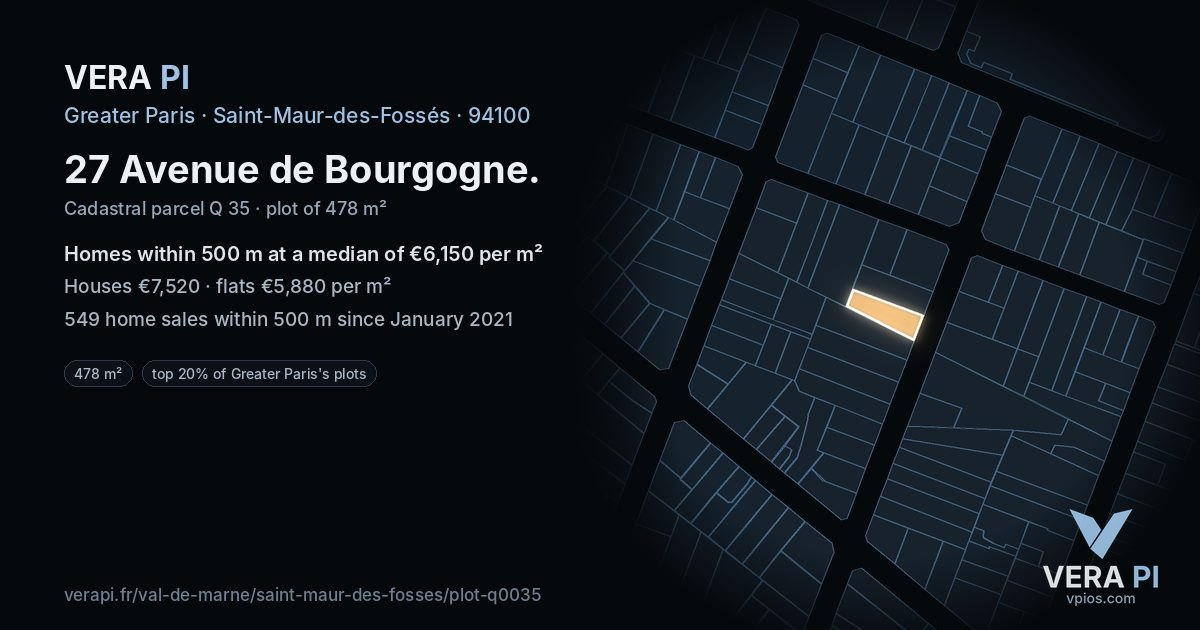 27 Avenue de Bourgogne, Saint-Maur-des-Fossés at night – the plot lit, the parcels around coloured by the prices near them