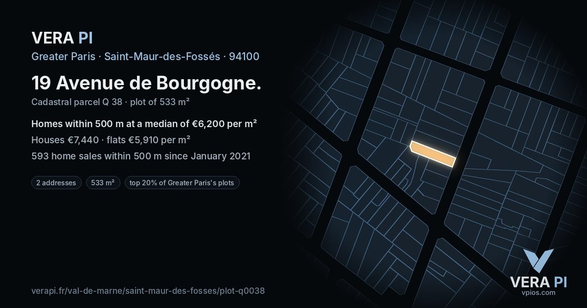 19 Avenue de Bourgogne, Saint-Maur-des-Fossés at night – the plot lit, the parcels around coloured by the prices near them