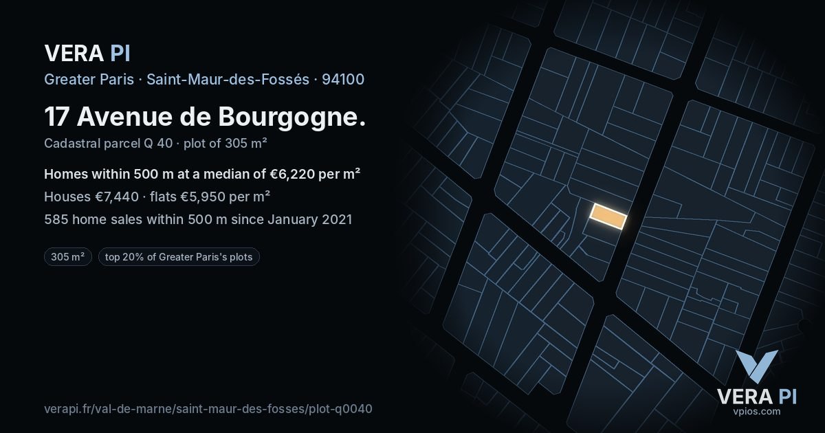 17 Avenue de Bourgogne, Saint-Maur-des-Fossés at night – the plot lit, the parcels around coloured by the prices near them