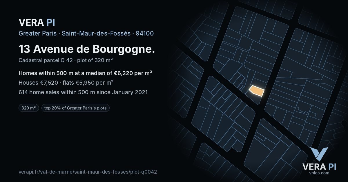 13 Avenue de Bourgogne, Saint-Maur-des-Fossés at night – the plot lit, the parcels around coloured by the prices near them