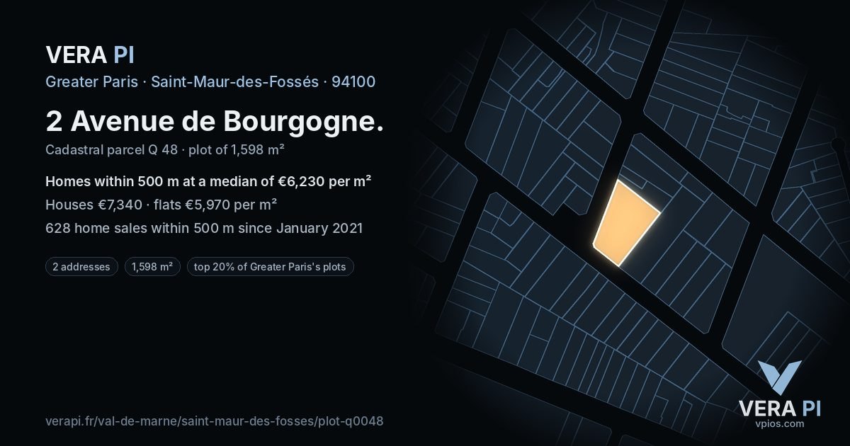 2 Avenue de Bourgogne, Saint-Maur-des-Fossés at night – the plot lit, the parcels around coloured by the prices near them