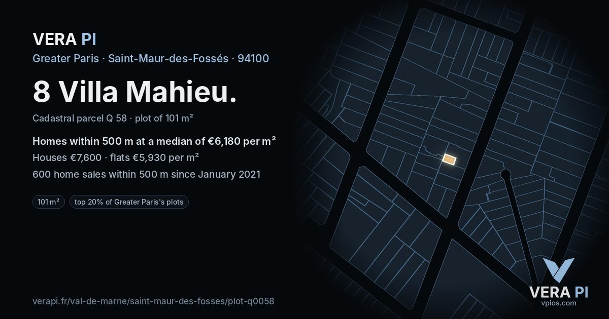 8 Villa Mahieu, Saint-Maur-des-Fossés at night – the plot lit, the parcels around coloured by the prices near them