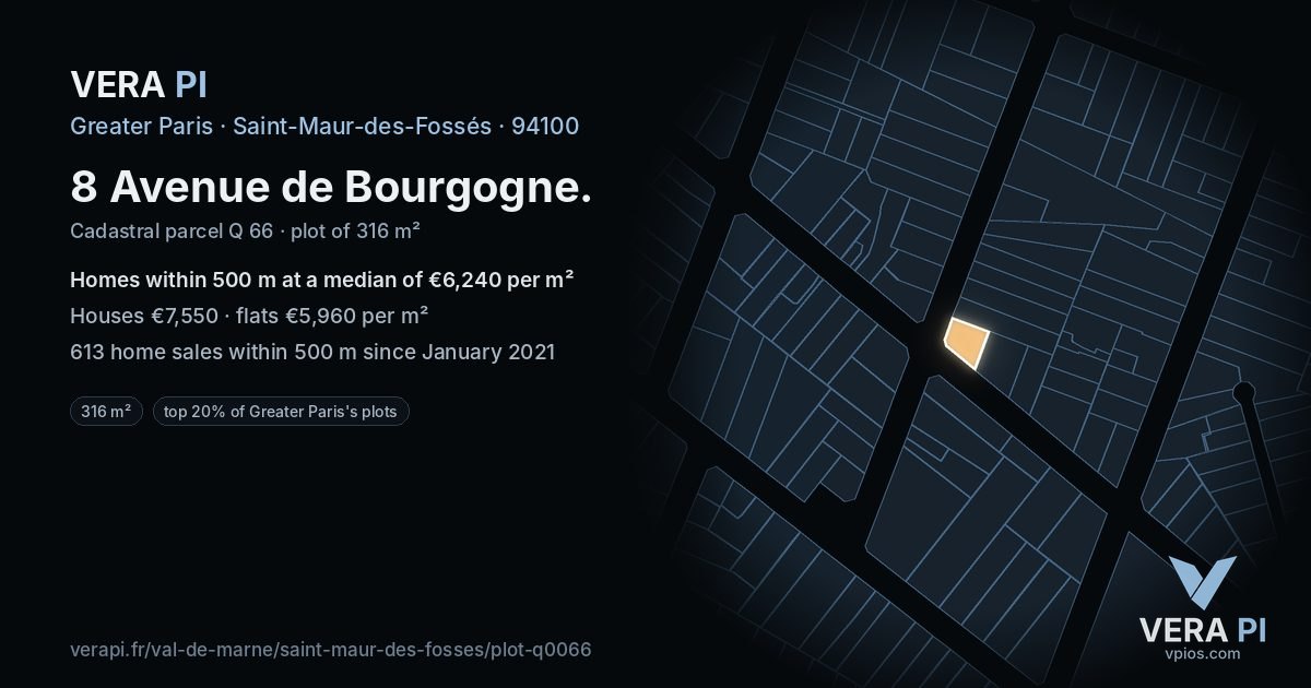 8 Avenue de Bourgogne, Saint-Maur-des-Fossés at night – the plot lit, the parcels around coloured by the prices near them