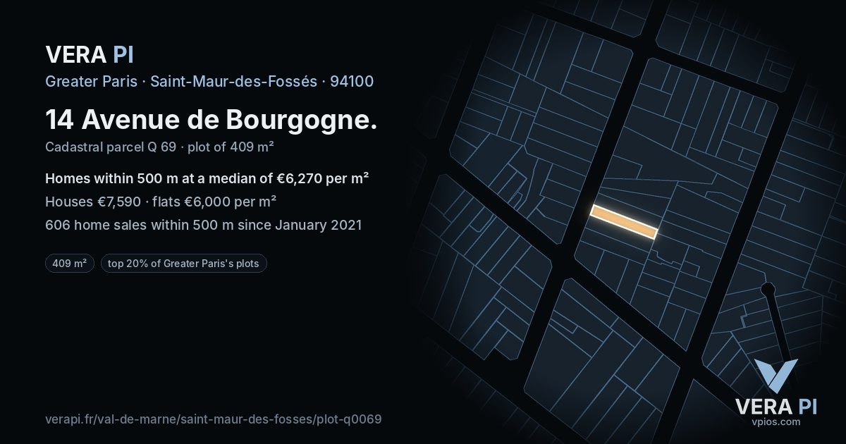 14 Avenue de Bourgogne, Saint-Maur-des-Fossés at night – the plot lit, the parcels around coloured by the prices near them