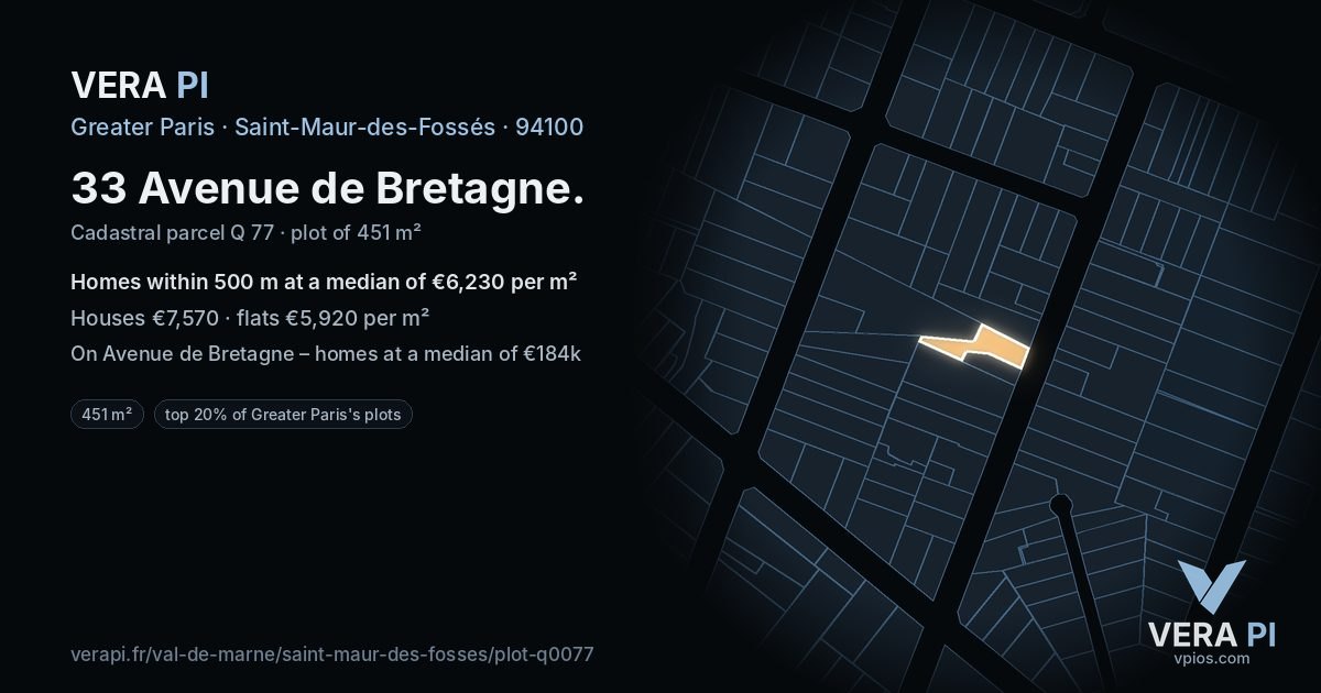33 Avenue de Bretagne, Saint-Maur-des-Fossés at night – the plot lit, the parcels around coloured by the prices near them
