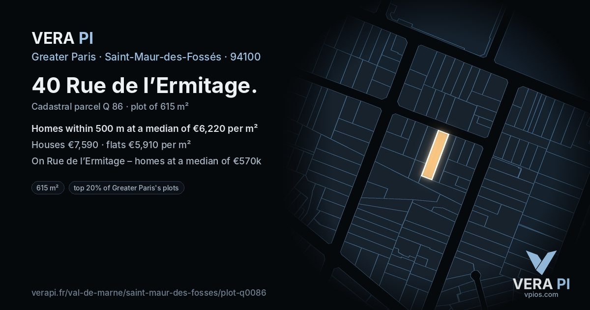 40 Rue de l’Ermitage, Saint-Maur-des-Fossés at night – the plot lit, the parcels around coloured by the prices near them