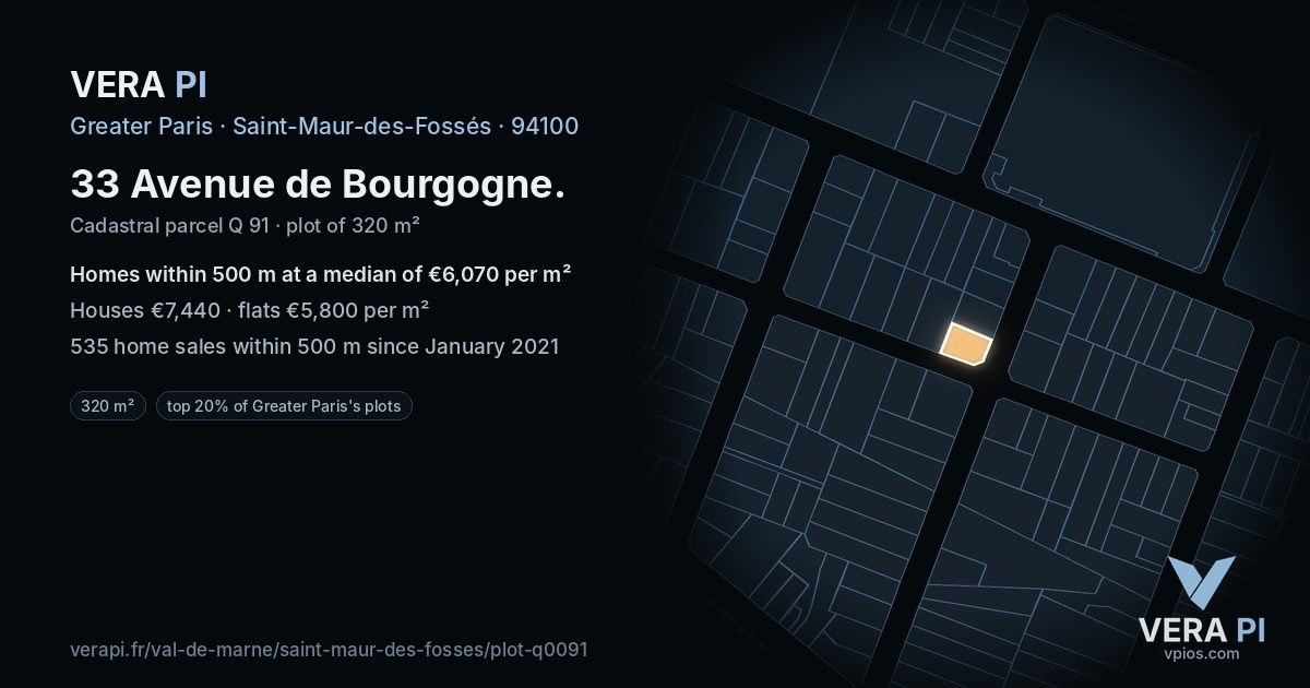 33 Avenue de Bourgogne, Saint-Maur-des-Fossés at night – the plot lit, the parcels around coloured by the prices near them