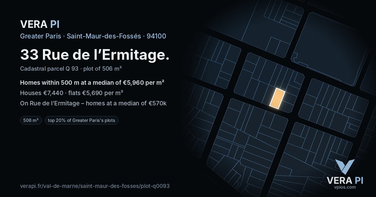 33 Rue de l’Ermitage, Saint-Maur-des-Fossés at night – the plot lit, the parcels around coloured by the prices near them