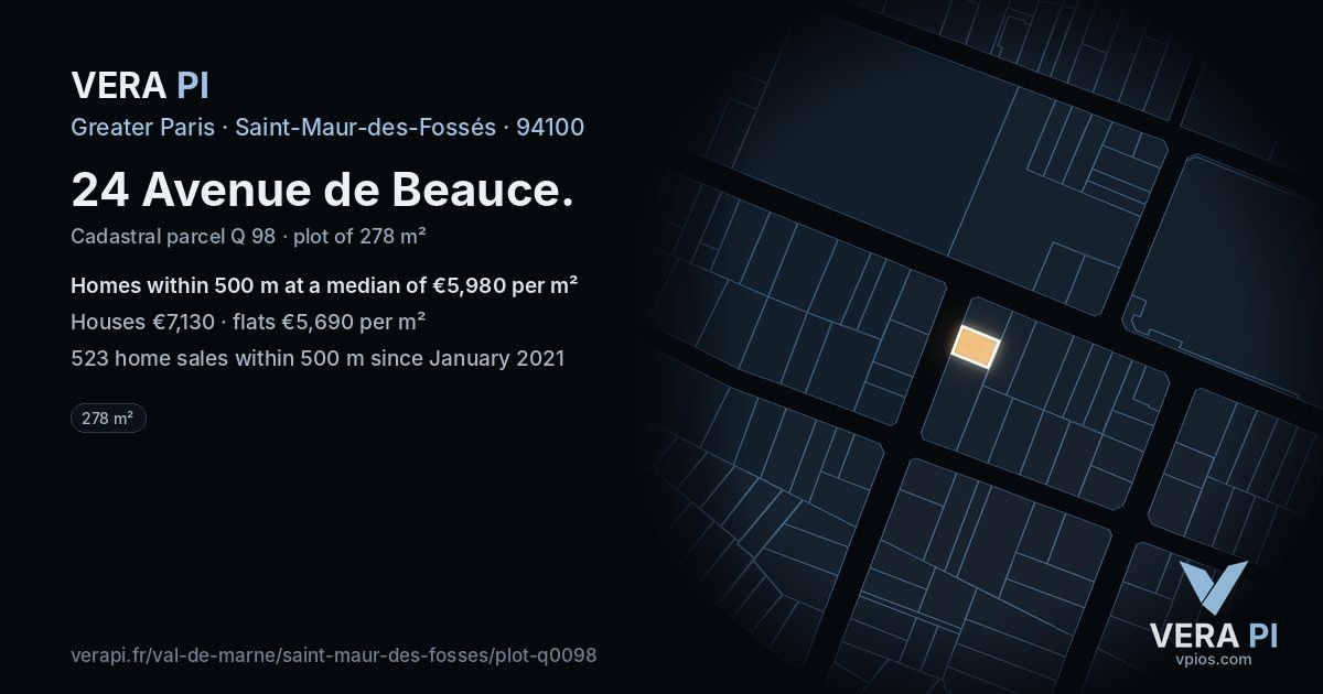 24 Avenue de Beauce, Saint-Maur-des-Fossés at night – the plot lit, the parcels around coloured by the prices near them