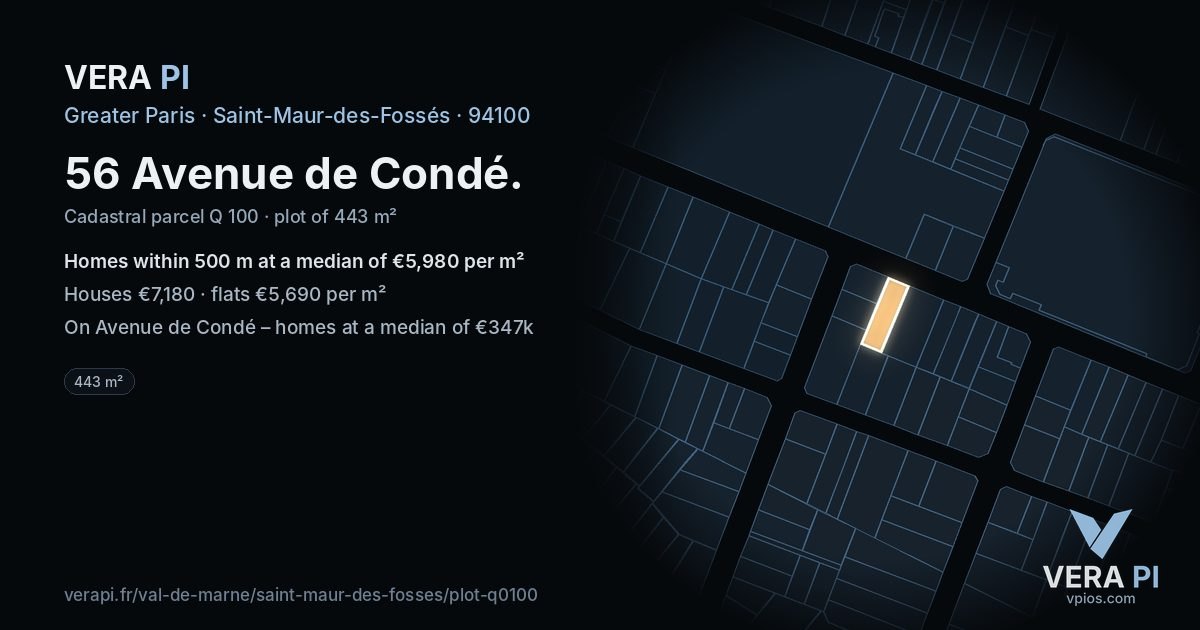 56 Avenue de Condé, Saint-Maur-des-Fossés at night – the plot lit, the parcels around coloured by the prices near them