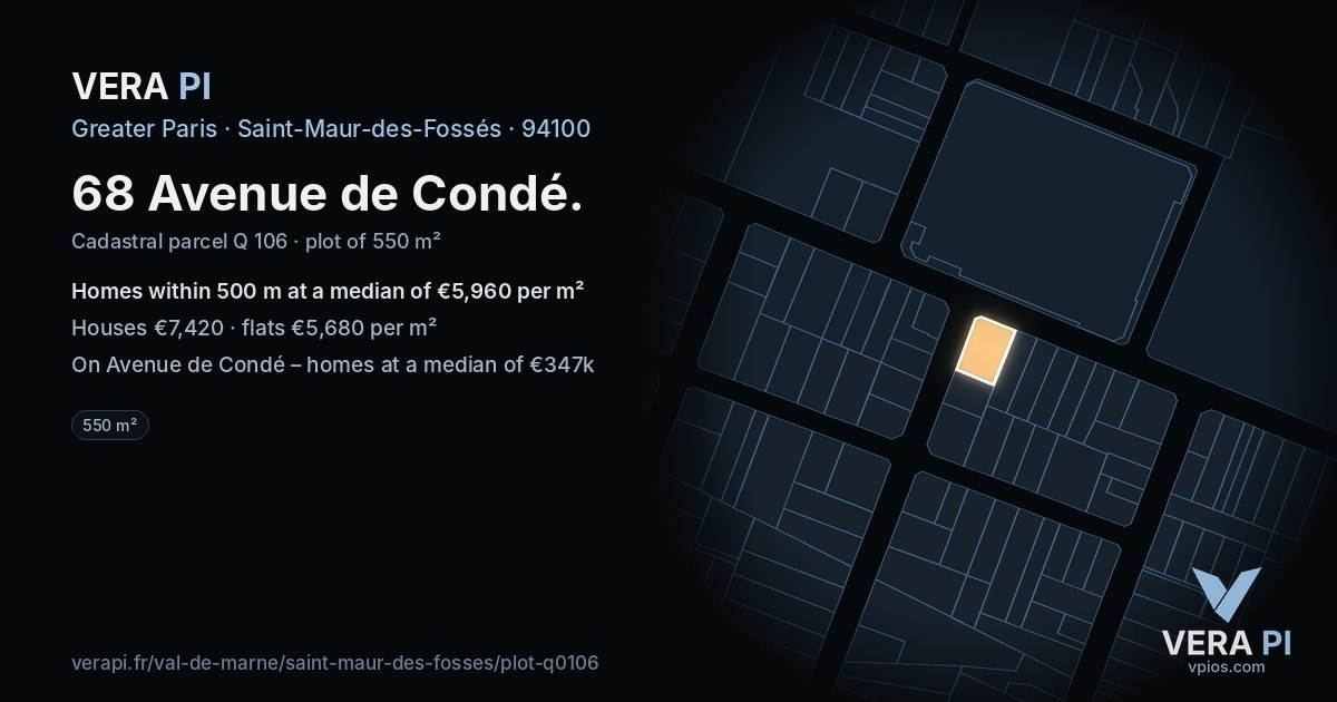 68 Avenue de Condé, Saint-Maur-des-Fossés at night – the plot lit, the parcels around coloured by the prices near them