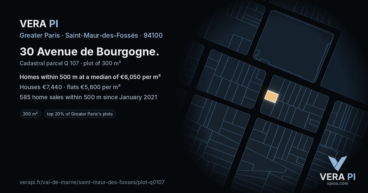 30 Avenue de Bourgogne, Saint-Maur-des-Fossés at night – the plot lit, the parcels around coloured by the prices near them