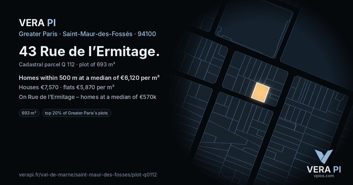 43 Rue de l’Ermitage, Saint-Maur-des-Fossés at night – the plot lit, the parcels around coloured by the prices near them